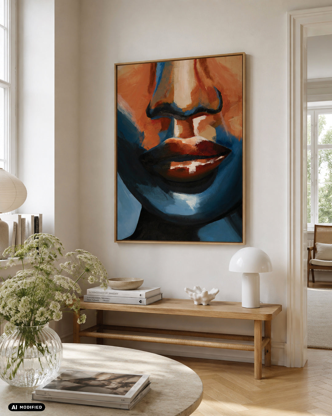 Face No. 1 plakat som statement kunst på væg over træbænk i lys stue