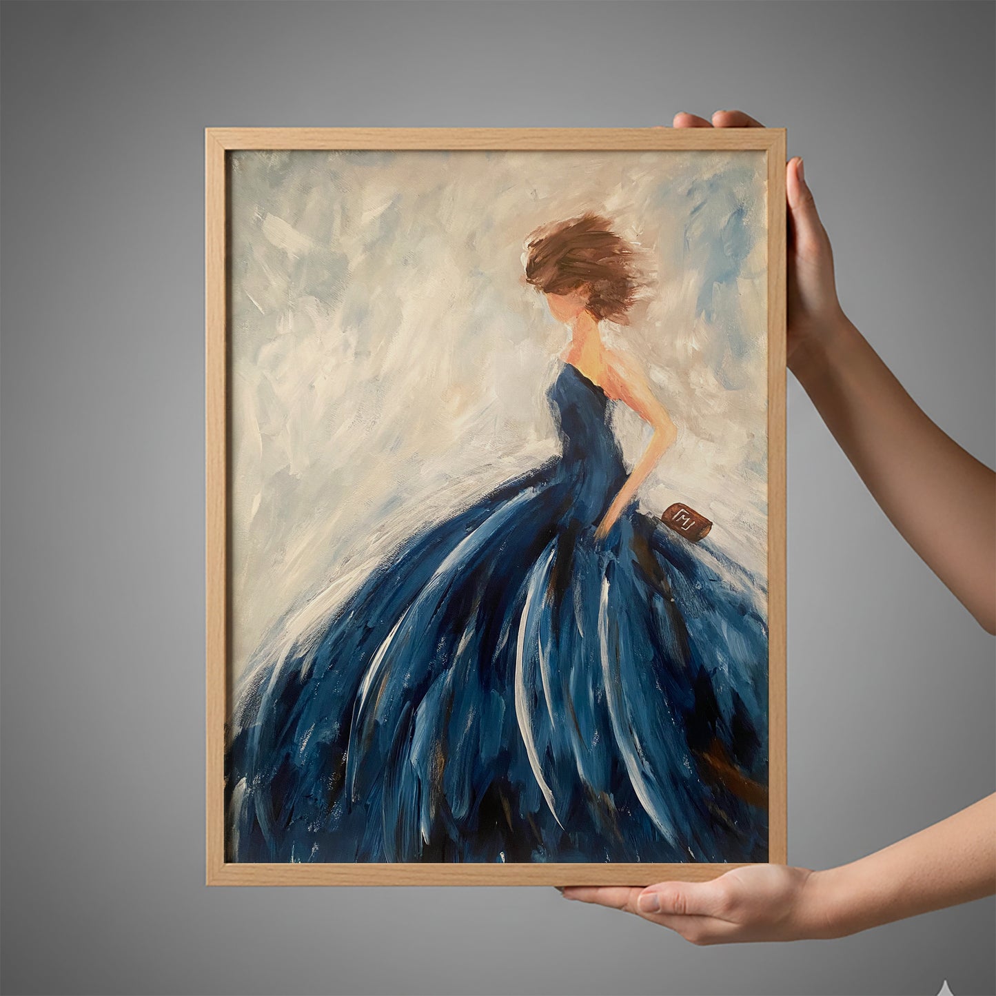 Lady in Blue originalt maleri af kvinde i blå kjole i træramme