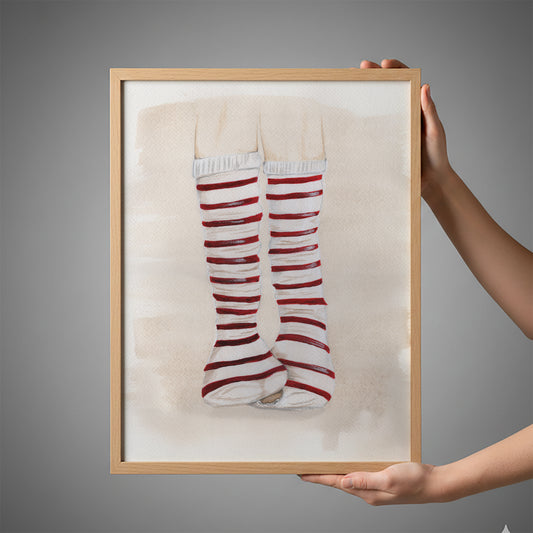 Original illustration med rødstribede knæstrømper med hul i tåen – akryl og pen kunstværk 30x40 cm