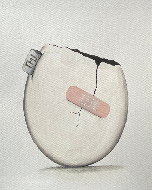 Minimalistisk maleri af æg med revne og plaster, original kunst fra 2022 af Maria Lundsten