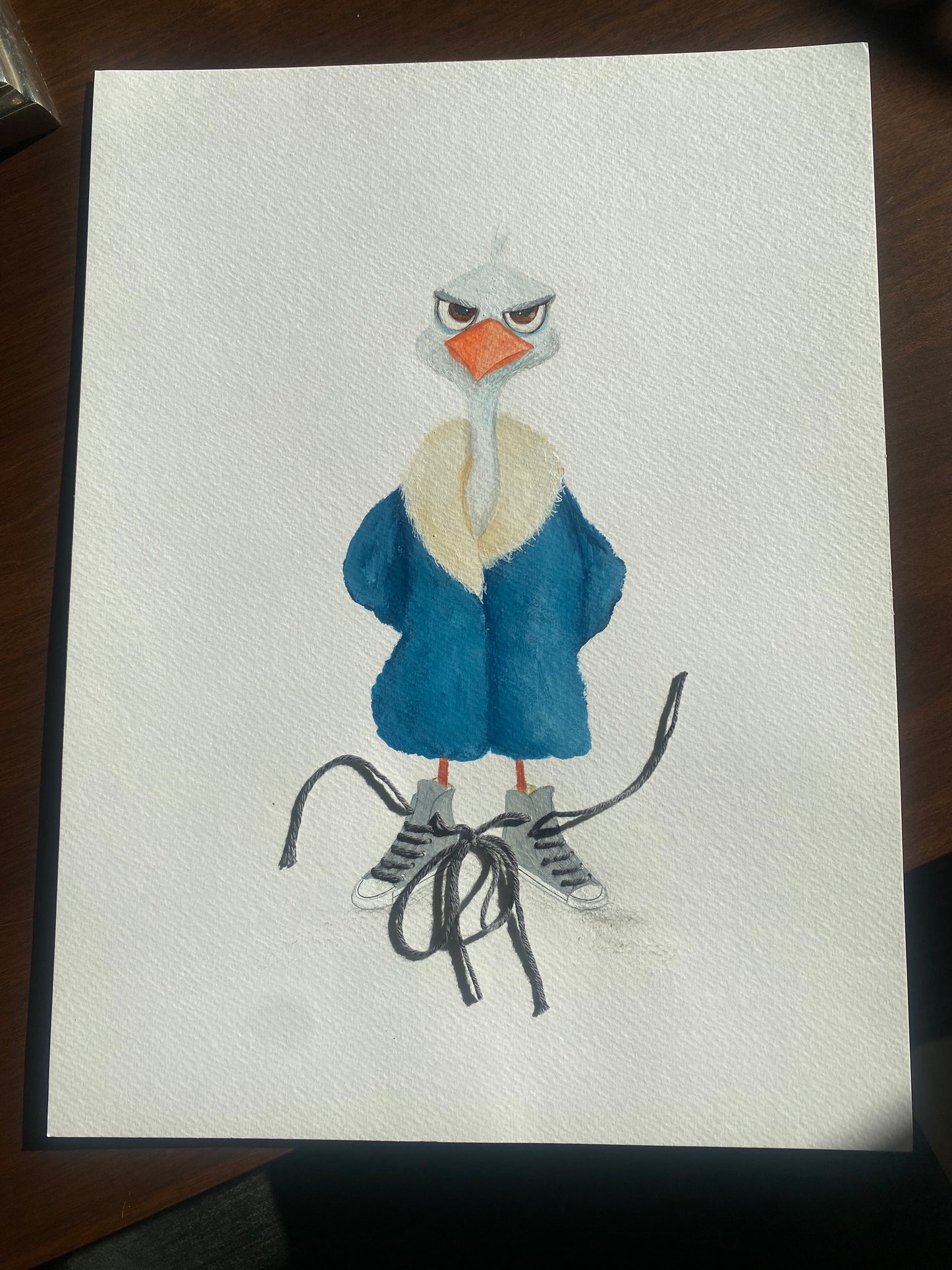 Original håndmalet fugl med sure øjne og sammenbundne snørebånd - akryl på papir 30x40 cm