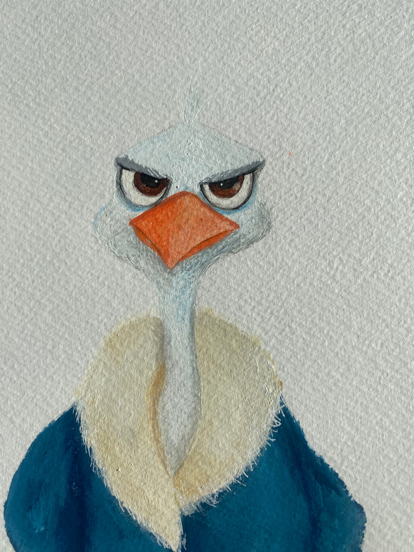 Håndmalet fugl med humor og attitude - original kunst på papir med snørebånd
