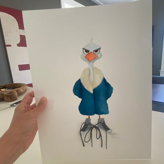 Original akrylmaleri af sur fugl med sneakers og sorte snørebånd - 30x40 cm
