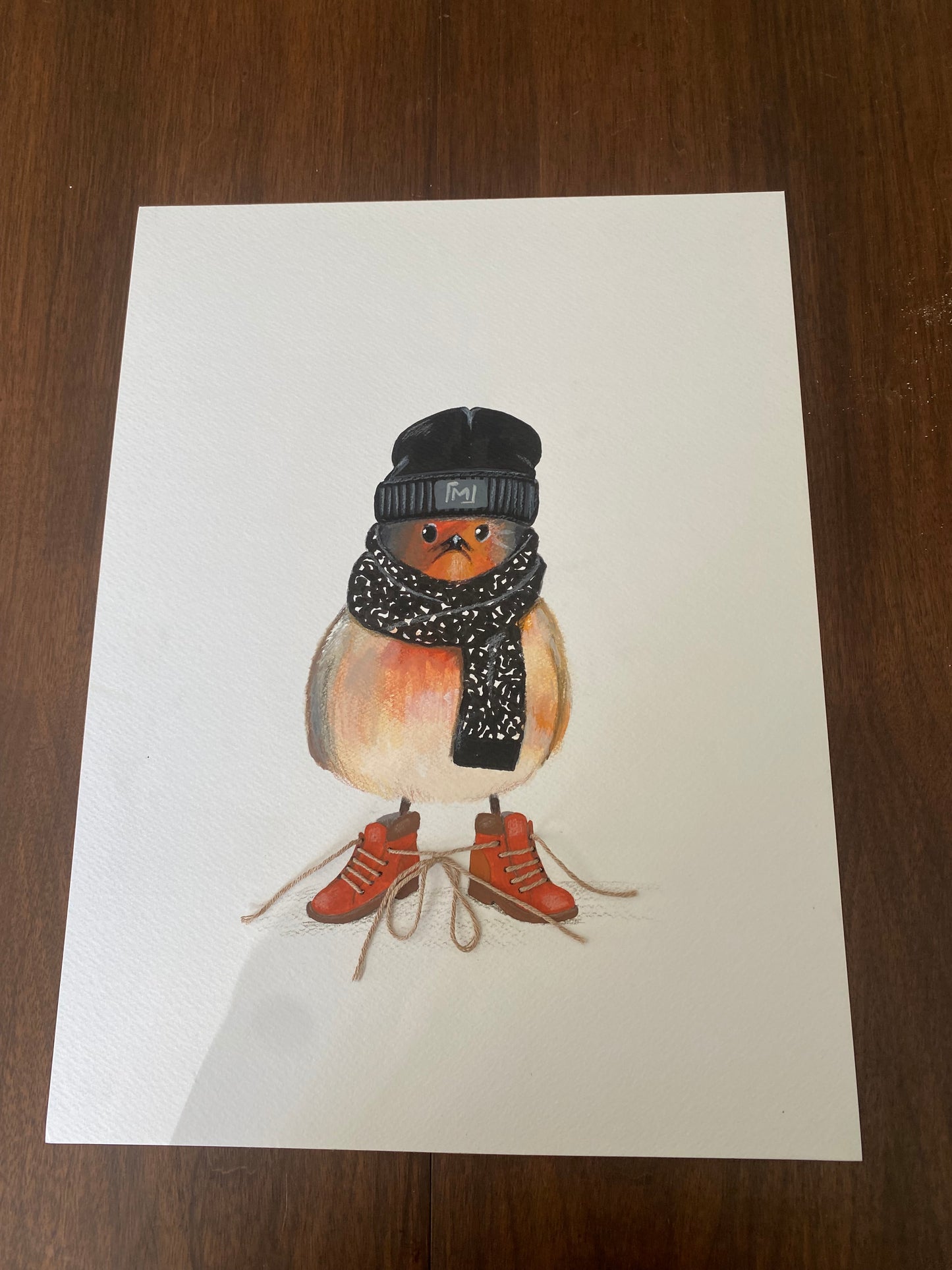 Humoristisk fuglekunst på kunstpapir med håndlavede detaljer og røde sko