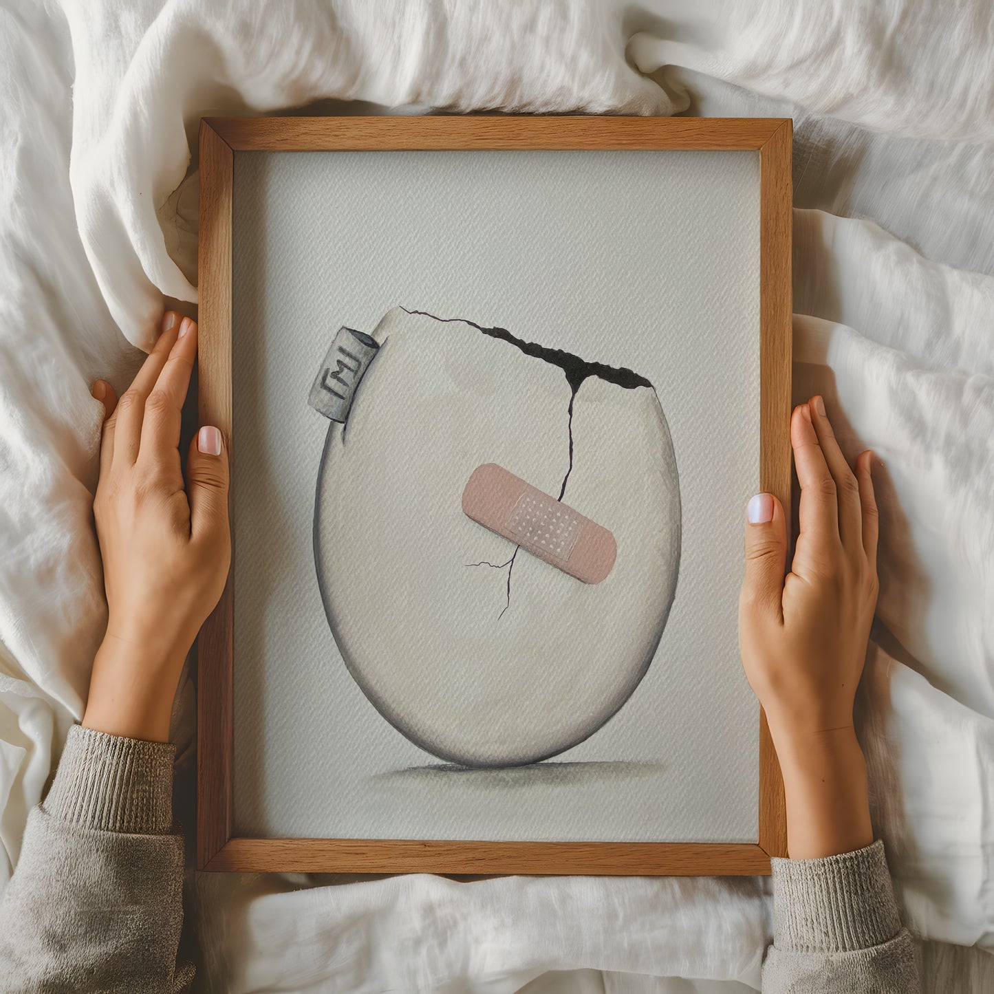 Minimalistisk maleri af æg med revne og plaster, original kunst fra 2022 af Maria Lundsten