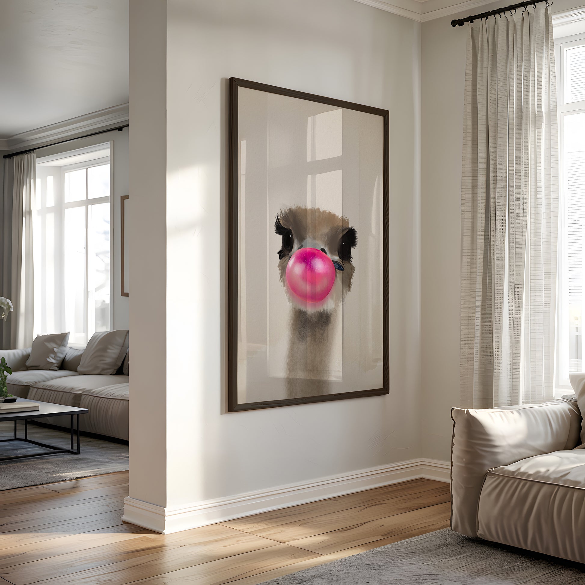 Humoristisk struds plakat med lyserød tyggegummiboble – Hugo Bubbleface.