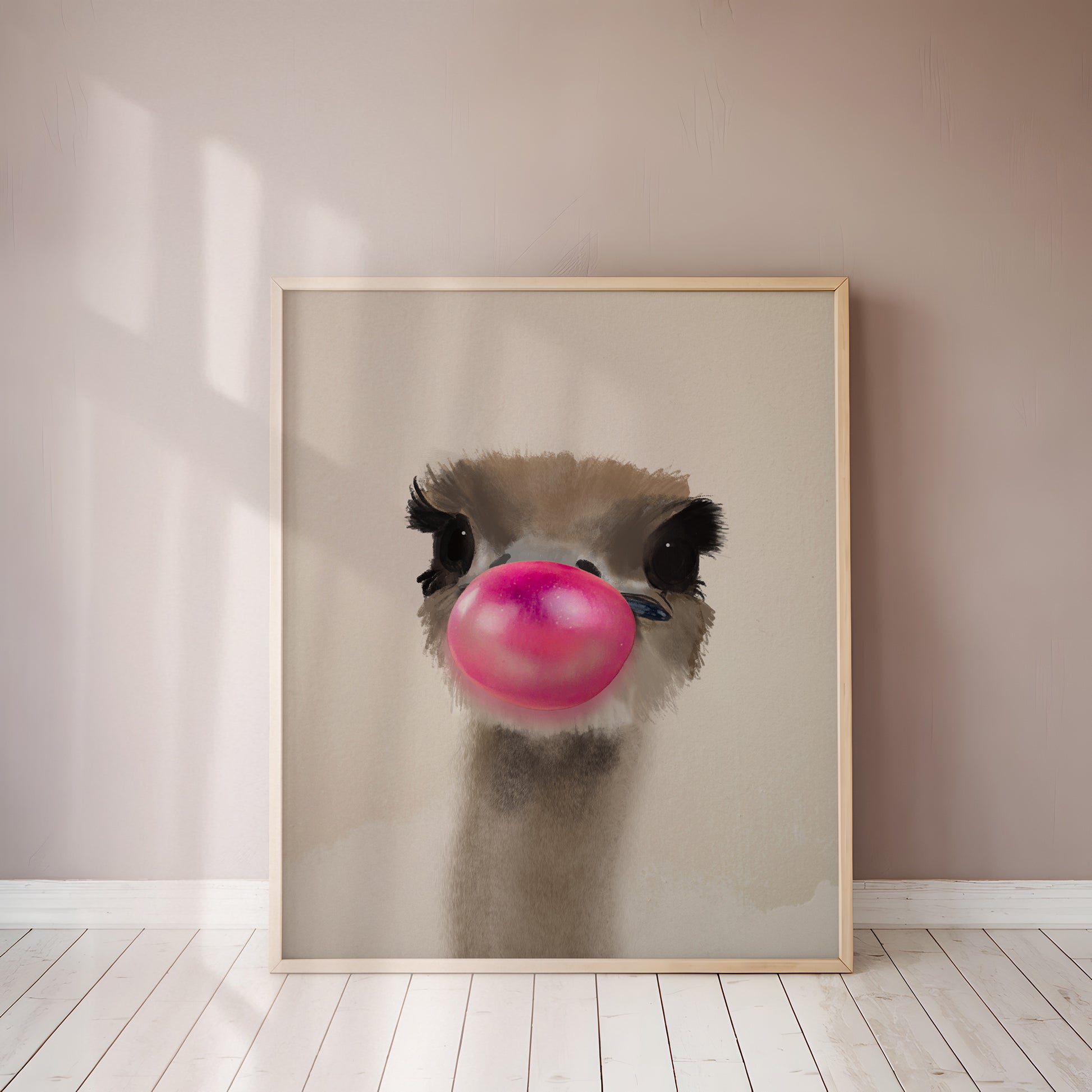 Humoristisk struds plakat med lyserød tyggegummiboble – Hugo Bubbleface.