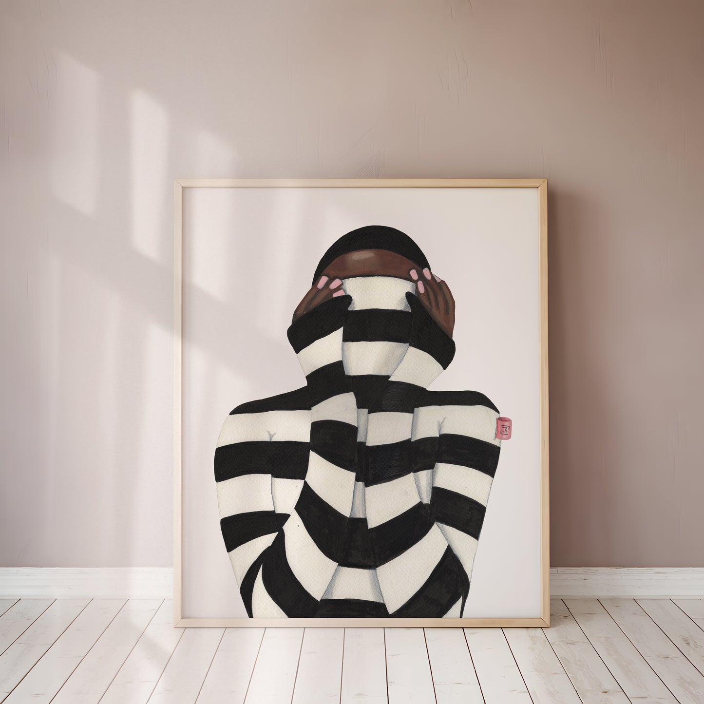 Original illustration af kvinde der gemmer sig i blusen på grund af pinligt øjeblik