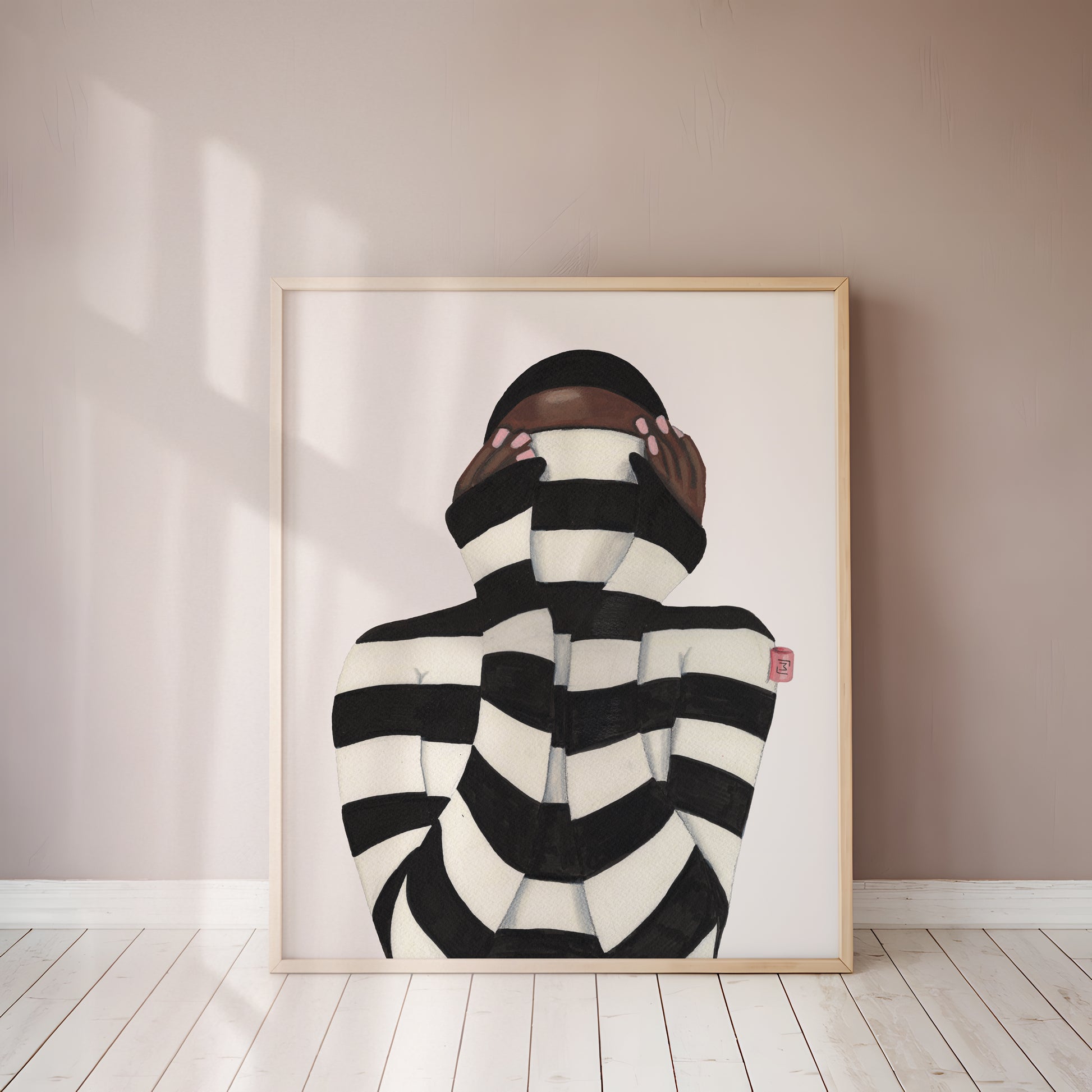Original illustration af kvinde der gemmer sig i blusen på grund af pinligt øjeblik