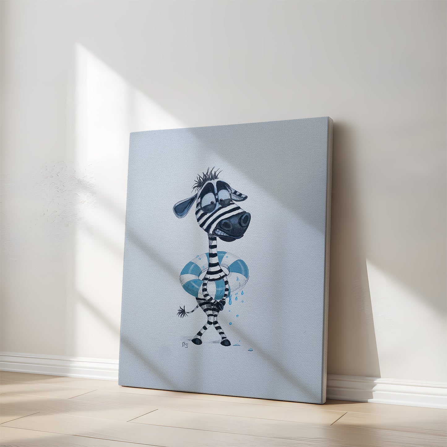 Minimalistisk kunstprint af zebra med humoristisk personlighed.