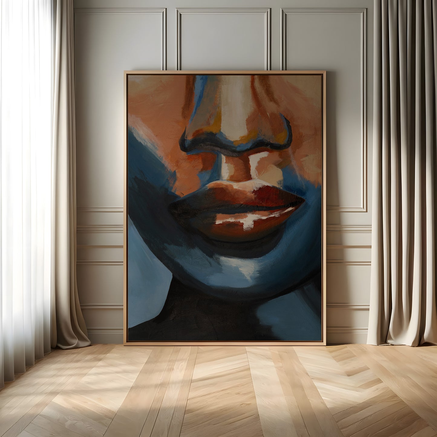 Original håndmalet portrætkunst i blå og varme jordtoner