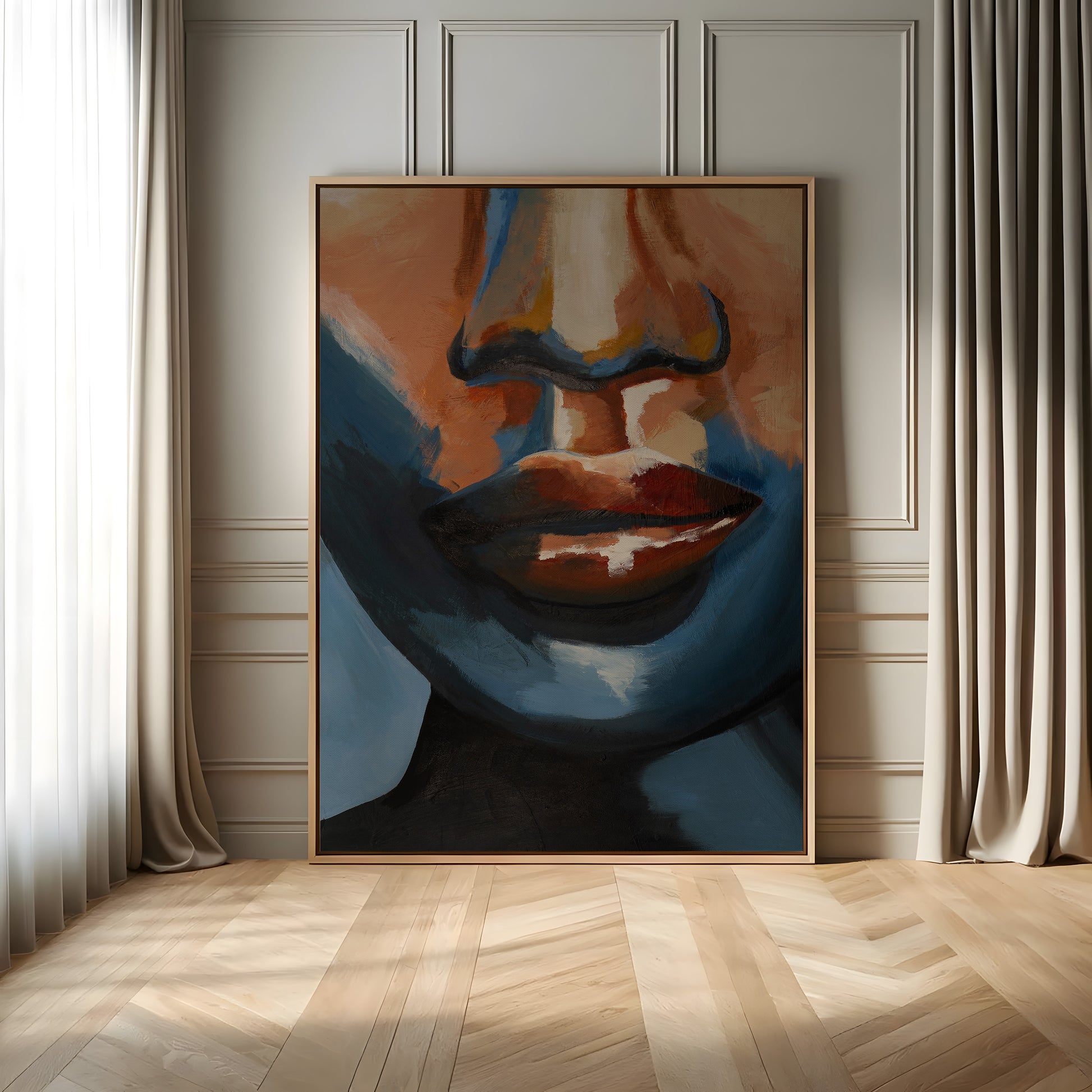 Original håndmalet portrætkunst i blå og varme jordtoner