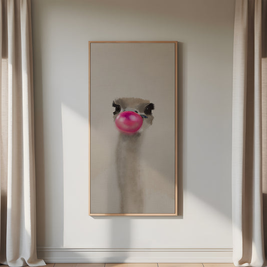 Humoristisk struds plakat med lyserød tyggegummiboble - Hugo Bubbleface.