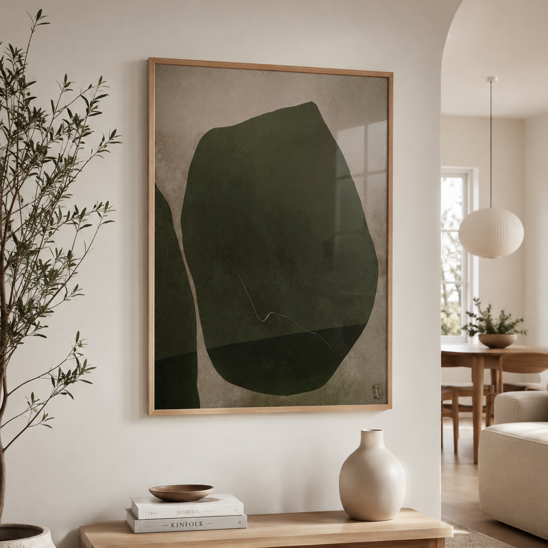 Rhapsody abstrakt kunstplakat i grønne og beige nuancer af Maria Lundsten