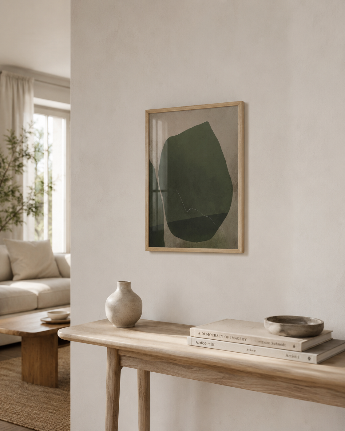 Moderne abstrakt plakat i grønne beige og naturlige toner – Rhapsody