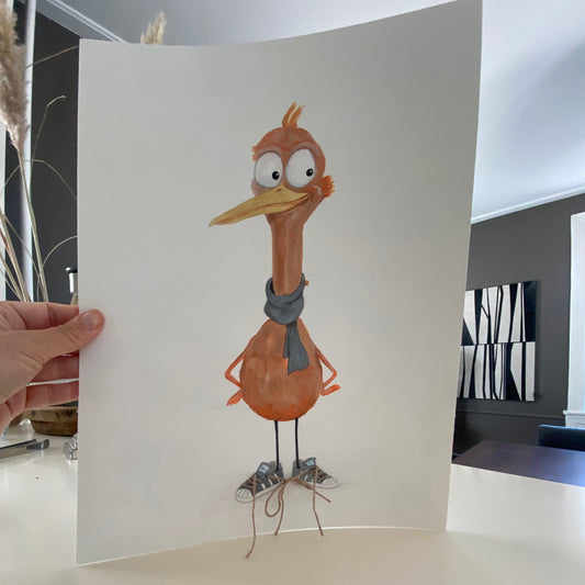 Håndmalet fugl med ægte snor i sneakers - moderne kunst