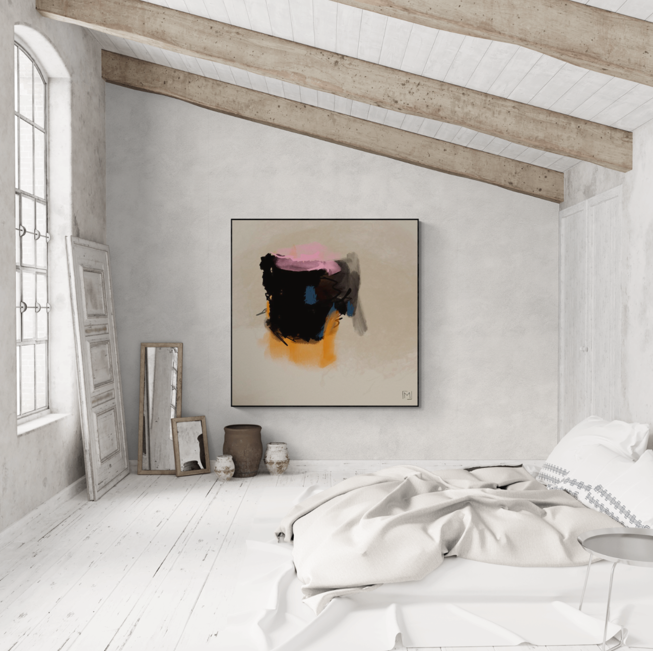 Abstrakt lærredstryk med valgfri ramme. Elegant kunst til dit rum.