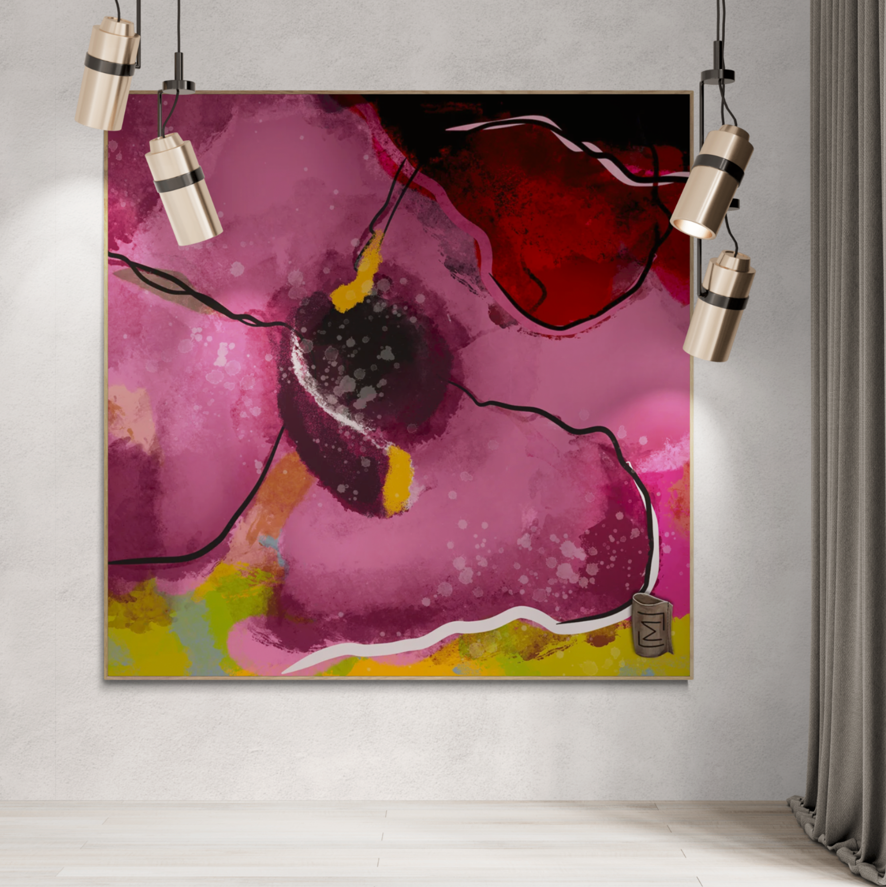 "Discover our exclusive collection featuring vibrant abstract floral motifs in bold pink hues. This attention-grabbing artwork is sure to impress and evoke envy among friends. Perfect for homes seeking to add a touch of flair and vibrancy to their decor."