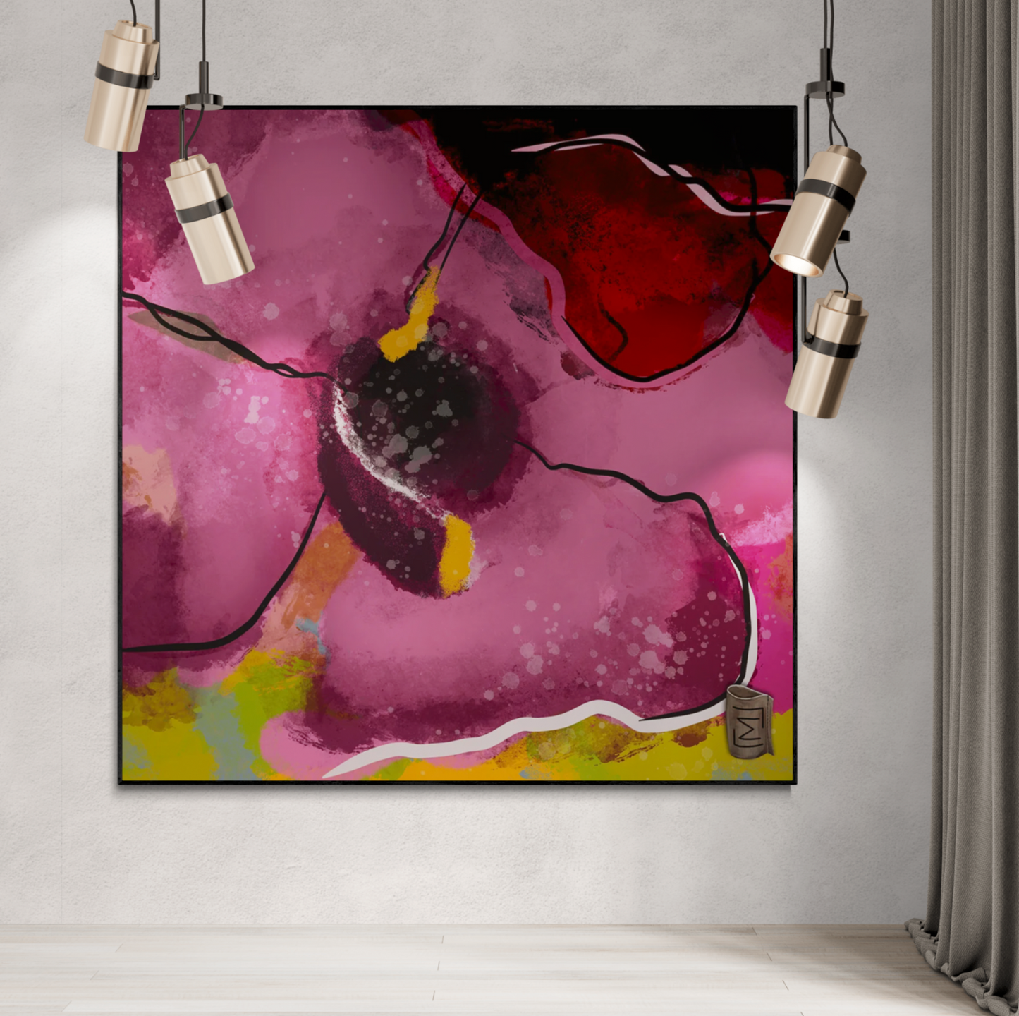 "Discover our exclusive collection featuring vibrant abstract floral motifs in bold pink hues. This attention-grabbing artwork is sure to impress and evoke envy among friends. Perfect for homes seeking to add a touch of flair and vibrancy to their decor."