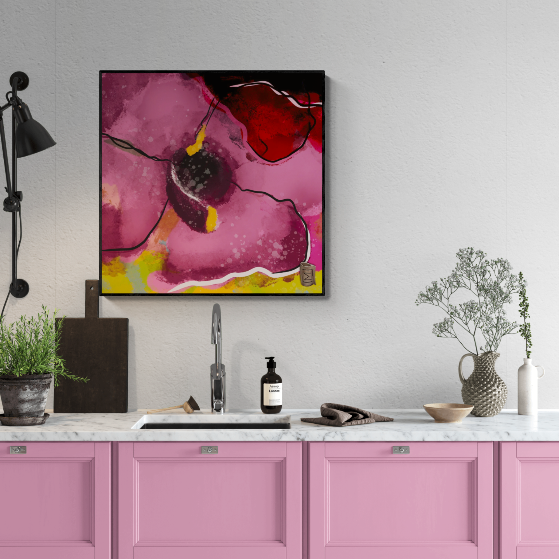 "Discover our exclusive collection featuring vibrant abstract floral motifs in bold pink hues. This attention-grabbing artwork is sure to impress and evoke envy among friends. Perfect for homes seeking to add a touch of flair and vibrancy to their decor."