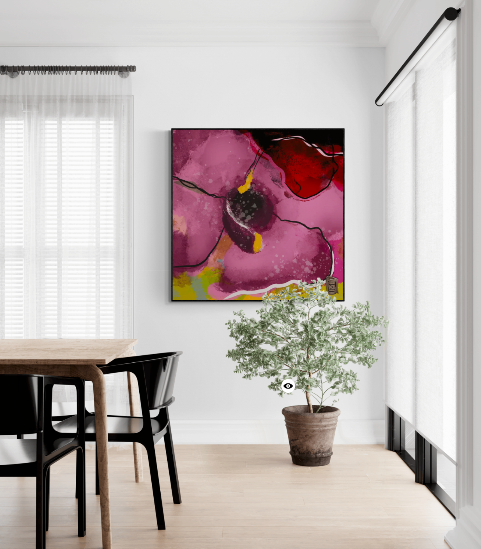 "Discover our exclusive collection featuring vibrant abstract floral motifs in bold pink hues. This attention-grabbing artwork is sure to impress and evoke envy among friends. Perfect for homes seeking to add a touch of flair and vibrancy to their decor."