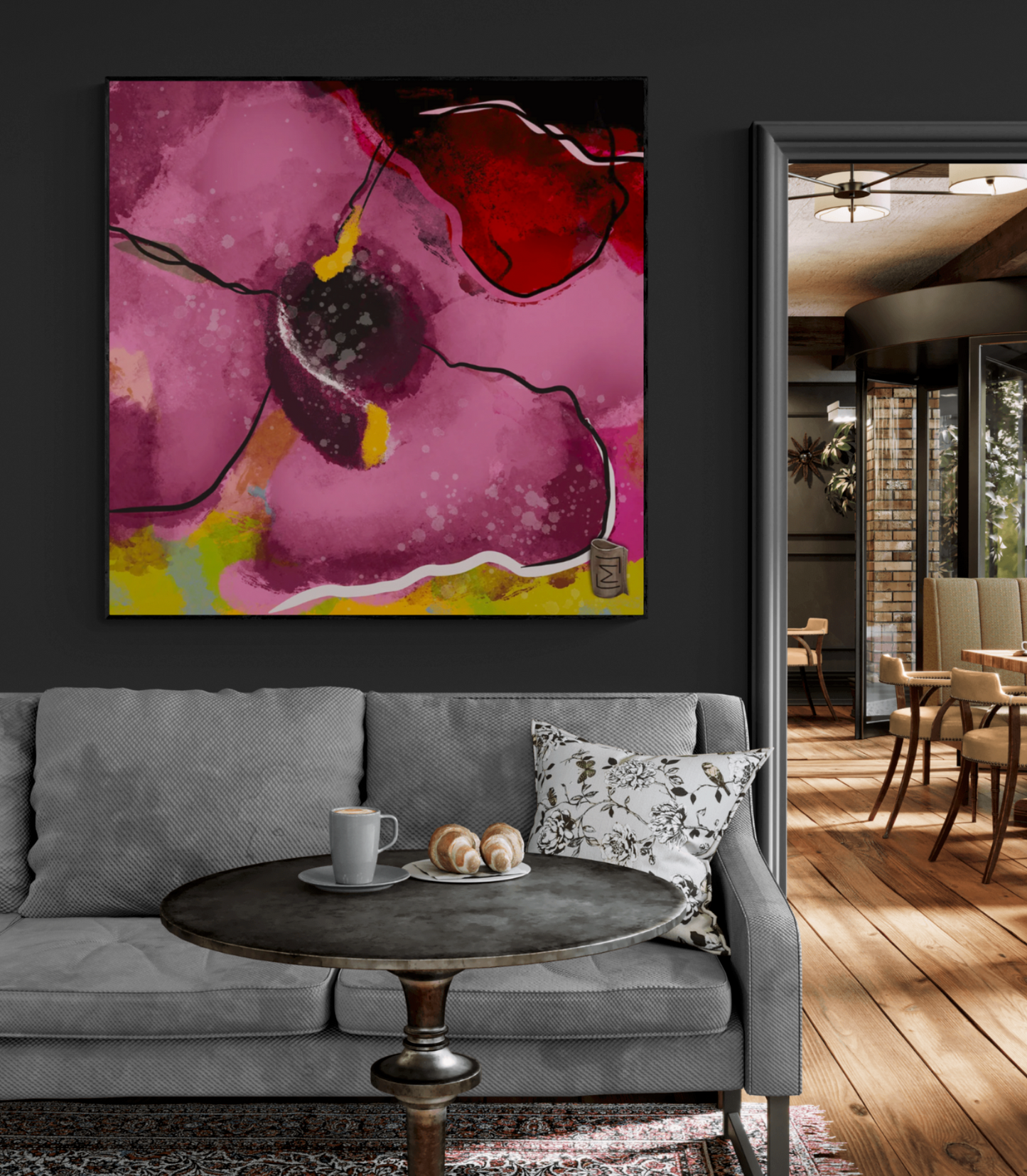 "Discover our exclusive collection featuring vibrant abstract floral motifs in bold pink hues. This attention-grabbing artwork is sure to impress and evoke envy among friends. Perfect for homes seeking to add a touch of flair and vibrancy to their decor."