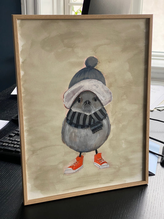 Illustration af fugl med hue og sneakers i neutrale farver