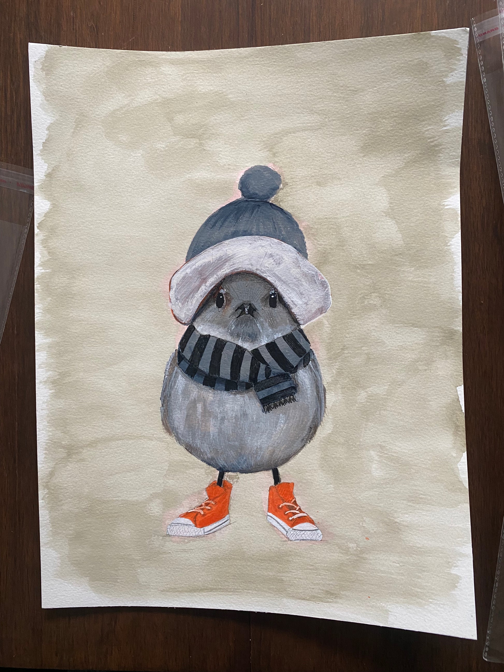 Humoristisk fugl kunst med orange sko og halstørklæde