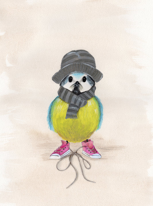 Original illustration af fuglen Sure Signe med sammenbundne snørebånd – akryl og pen på papir