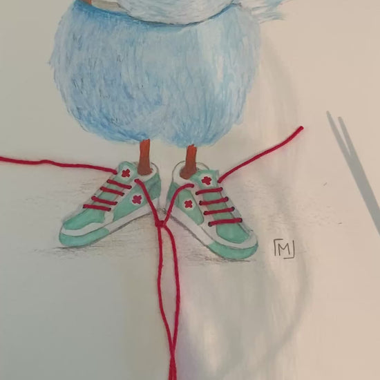 Moderne dansk kunst med fugl i sneakers og livredder-look
