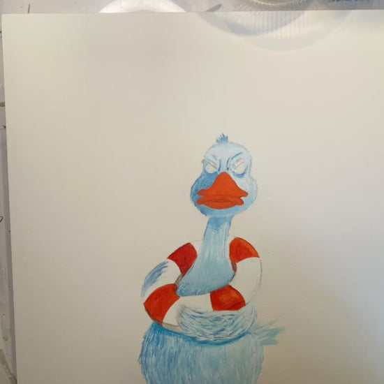 Humoristisk fuglekunst med ægte snørebånd og livredder-tema
