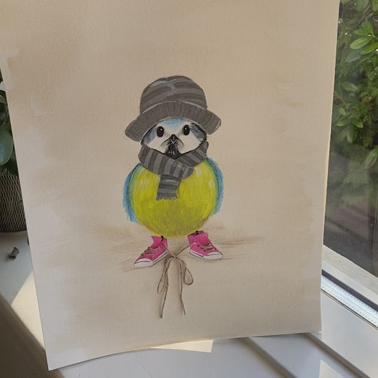 Kunstværket Sure Signe – håndlavet fugleillustration i akryl og pen, 30x40 cm