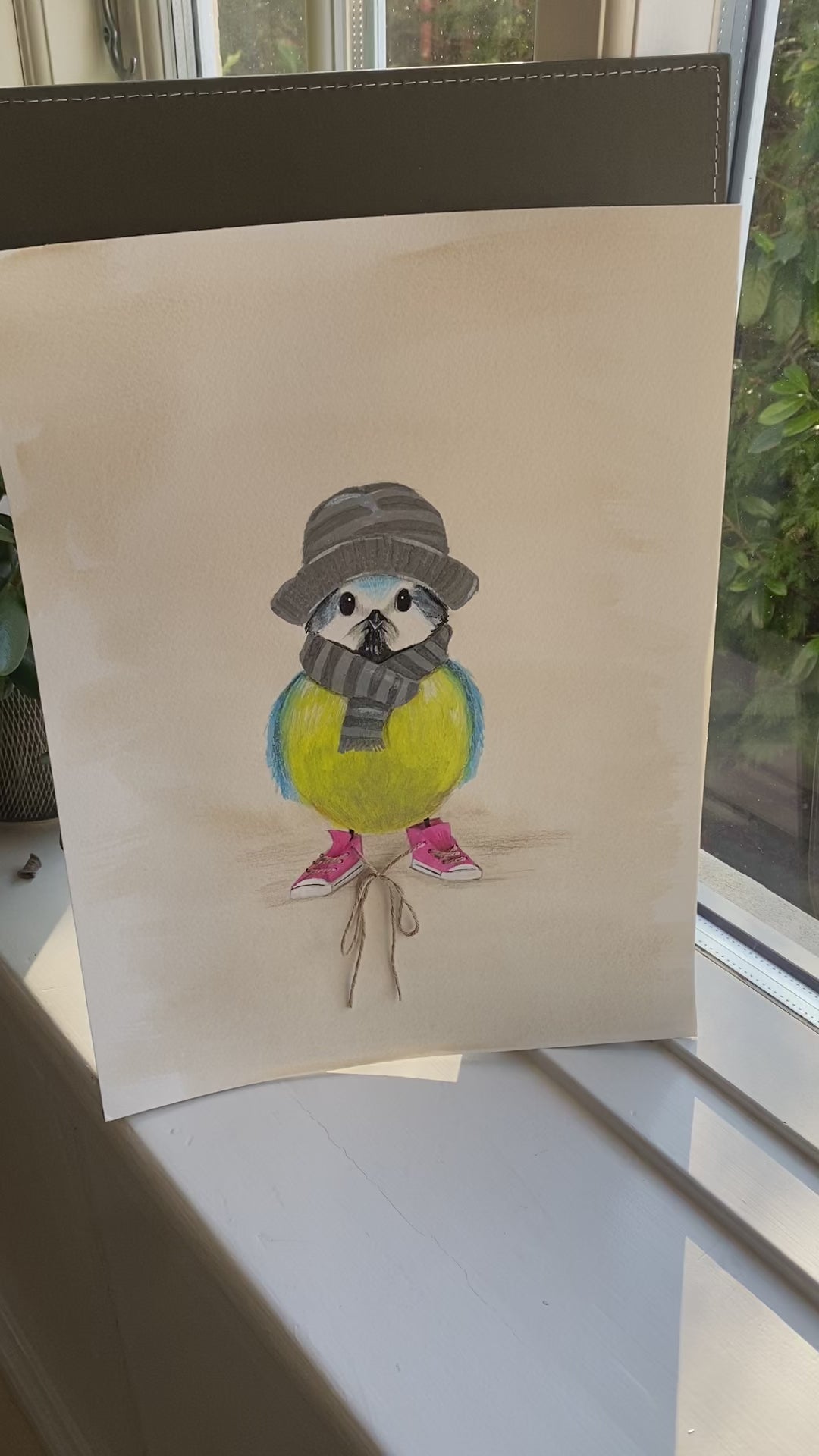 Kunstværket Sure Signe – håndlavet fugleillustration i akryl og pen, 30x40 cm