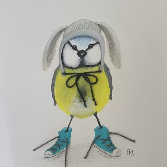 Original kunst på papir af fuglen Bodil med humoristisk udtryk