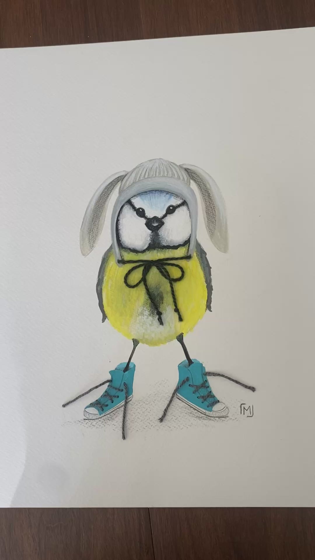Original kunst på papir af fuglen Bodil med humoristisk udtryk