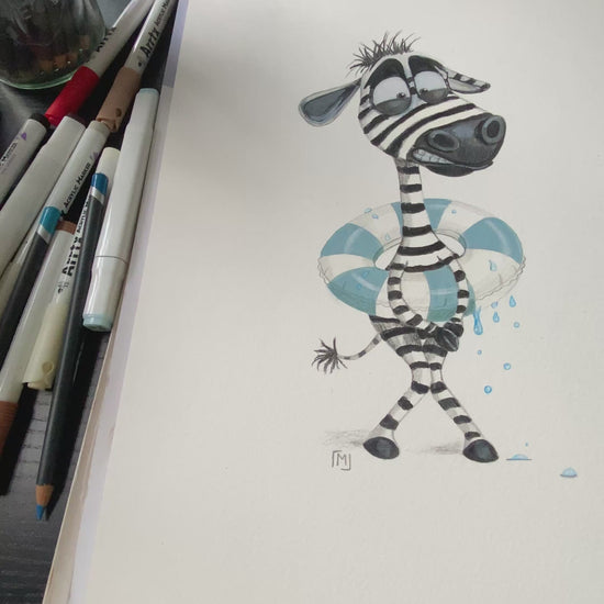 Moderne skandinavisk dyreplakat med zebra i blå badering.