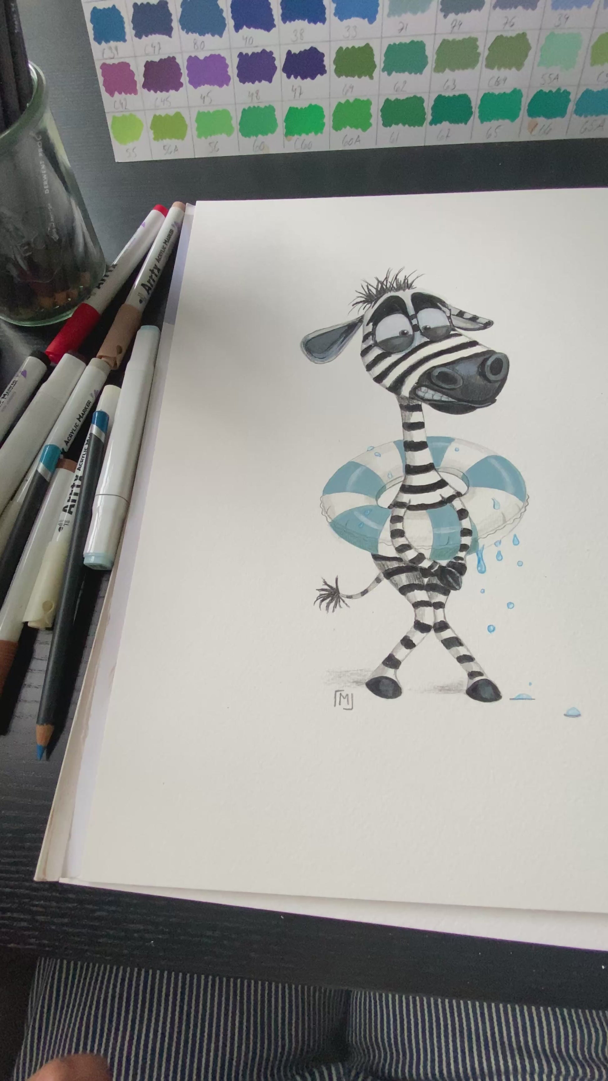 Moderne skandinavisk dyreplakat med zebra i blå badering.