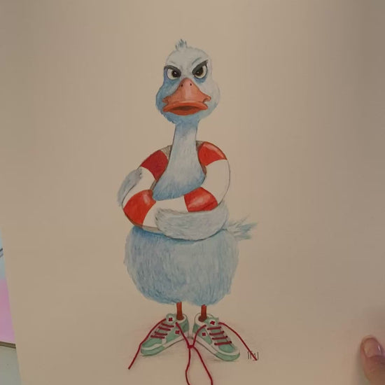 Håndmalet fugl med personlighed på 30x40 cm kunstnerpapir