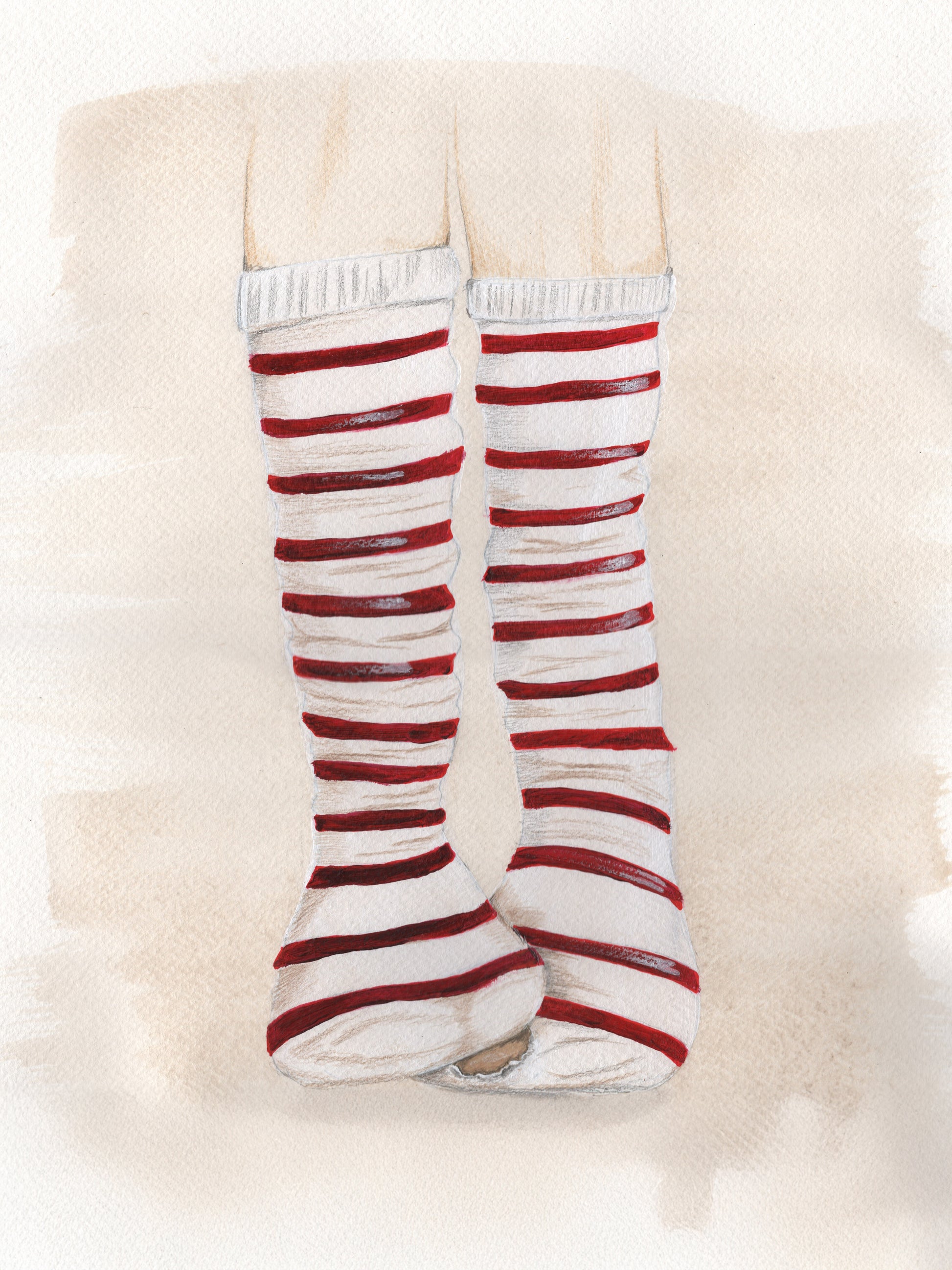 Original illustration af rødstribede strømper med hul i sokken – akryl og pen kunst